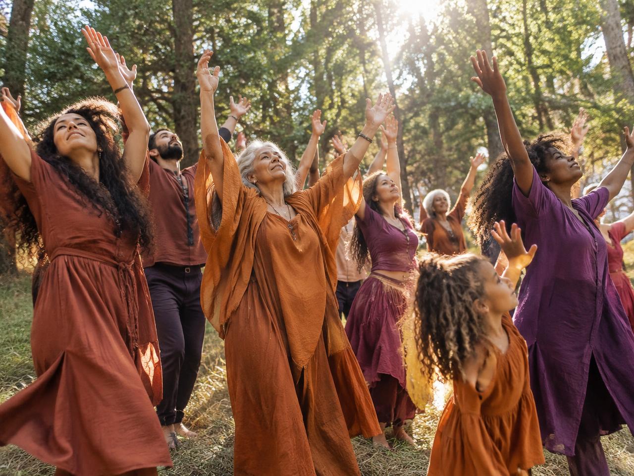 Grupo de pessoas em movimento coletivo na floresta