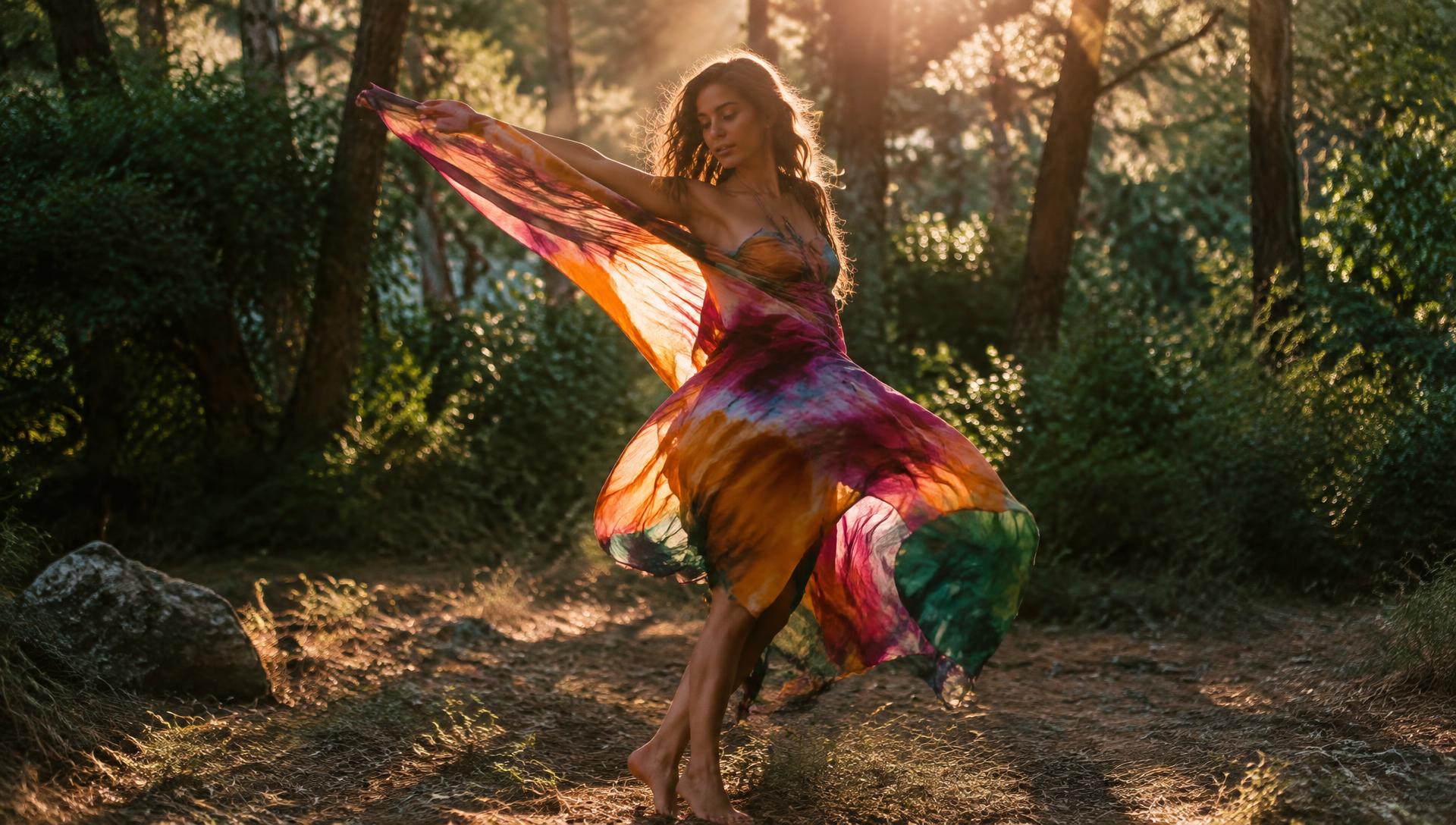 Mulher dançando com tecido colorido em uma floresta ao pôr do sol